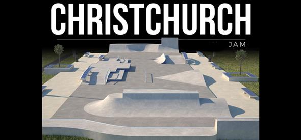 Layout of concrete skate park with grass on a dark background