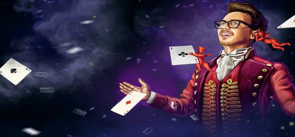 Artwork of magican with cards flying around him
