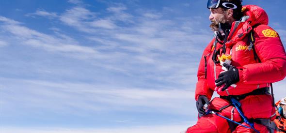 Ant Middleton in a red snow suit