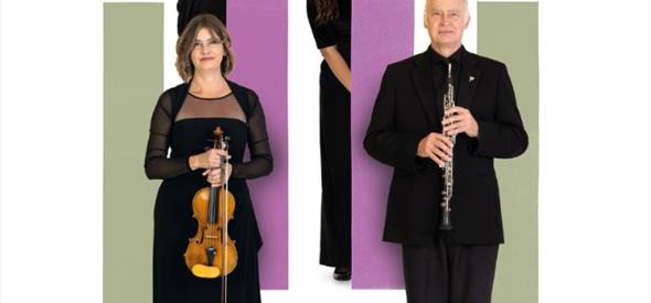 Four performers standing against a white pink and green background.  One performer is holding a violin and another an oboe.