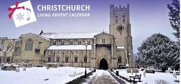 Christchurch Priory in the snow with CLAC logo