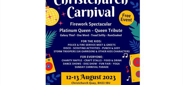 Navy blue poster with Christchurch Carnival written in bold, images of bunting, a disco ball, people dancing and tropical leaves surround the edge of