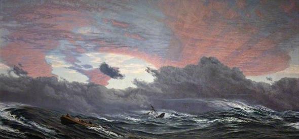 painting with dramatic clouds and waves