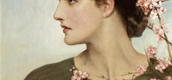 a painting of a lady surrounded by blossom