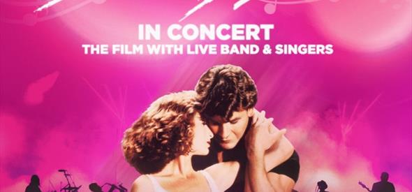 Dirty Dancing main actor and actress embracing against a pink background