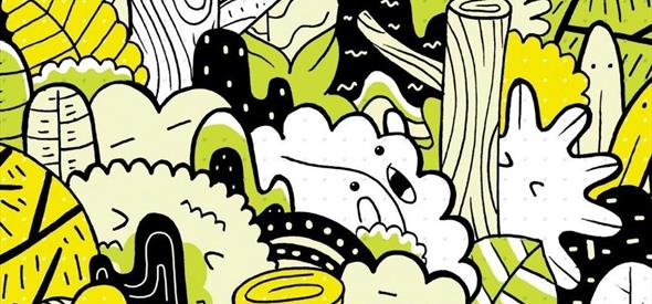 Doodles on a page with white, black and lime green colours.