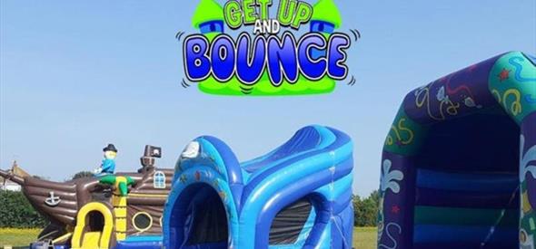 Get Up and Bounce in text and two blue bouncy castles and one brown pirate ship bouncy castle
