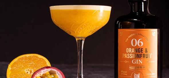 Gin festival promo images featuring bottle and glass of Orange & Passionfruit Gin