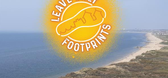 Yellow footprint logo with an aerial view of the beach