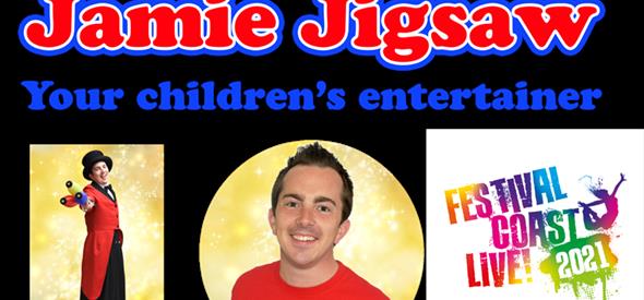 Bright red & blue logo with pictures of Jamie and FCL! logo