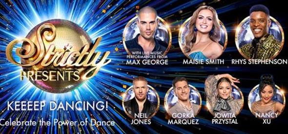 Image of strictly Logo along with faces of all the dancers smiling
