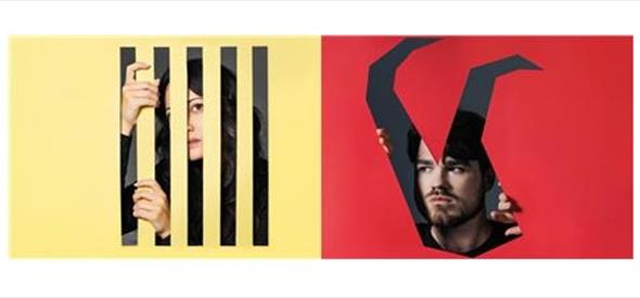 yellow square with a women's face and a red square next to it with a man with horns