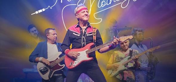 Money for Nothing playing guitars on a colorful blue, pink, and yellow background