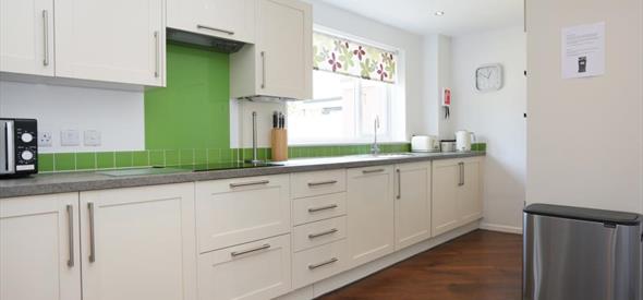 Large white kitchen with a hint of green