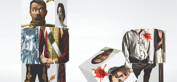 Historical type characters with heads and bodies muddled up on cubes