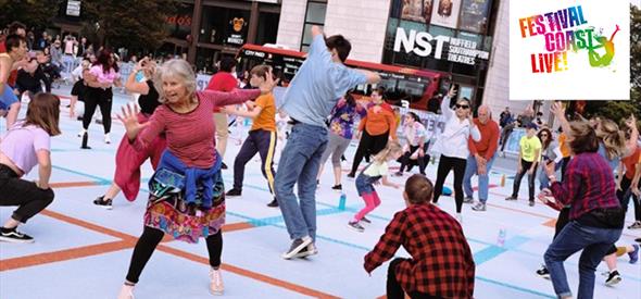 Group of people on a grid dancing and moving