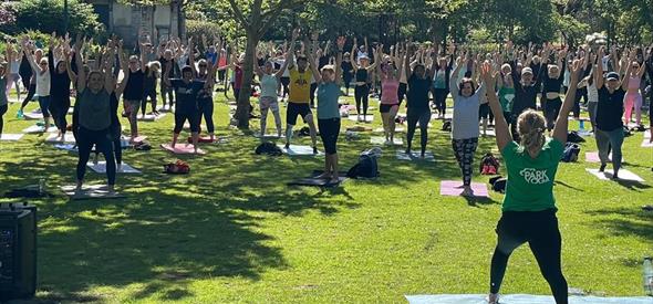 Crowd of people doing yoga on the grass on a sunny day