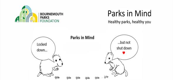 Two hand drawn mice talking about virtual events with a red heart and logo Parks