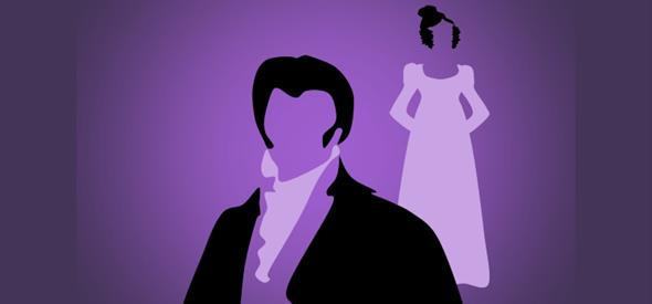 Simple purple poster displaying the silhouettes of Pride and Prejudice