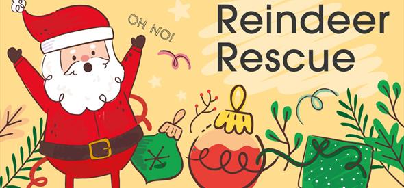 Illustrated Santa holding his hands in the air surrounded by Christmas baubles and branches