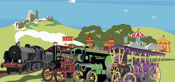 Beautiful illustration of the Road to Rail event vehicles and activities