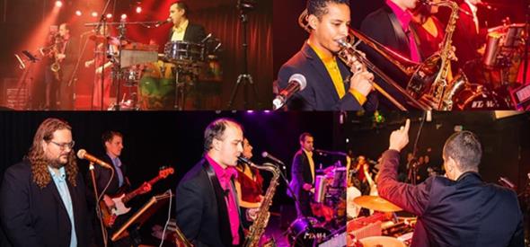 Collage of musicians playing brass and woodwind instruments
