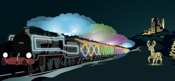 Cartoon image of a steam train with christmas lights on and lights in shape of a reindeer. Cartoon image of a castle in the background all lit up.