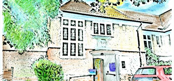 Tuckton Library sketch outline, filled in vivid true-life colouring pencil.