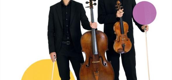 A violinist and a cellist against a white background