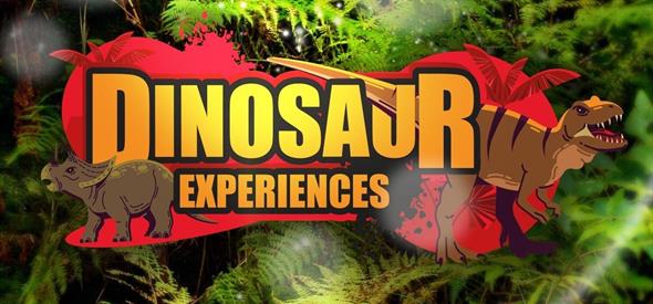 Promotional poster saying Dinosaur Experience with a greenery background