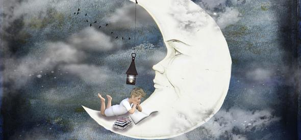 A cartoon boy reading a book on the moon
