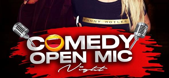Comedy Open Mic Night poster with two performers and event details