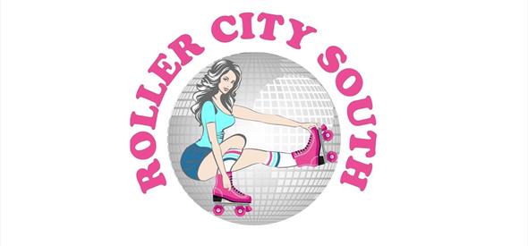 Roller City South logo of a woman in pink skates.