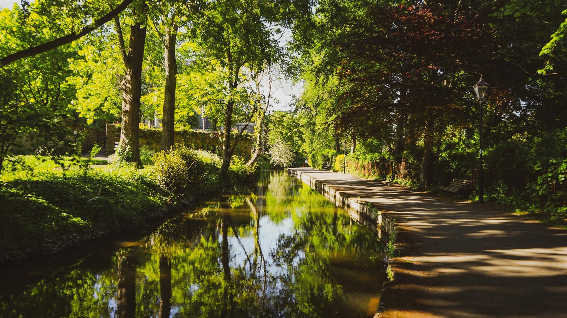 Walking trail that follows the river avon with lush green woodland around