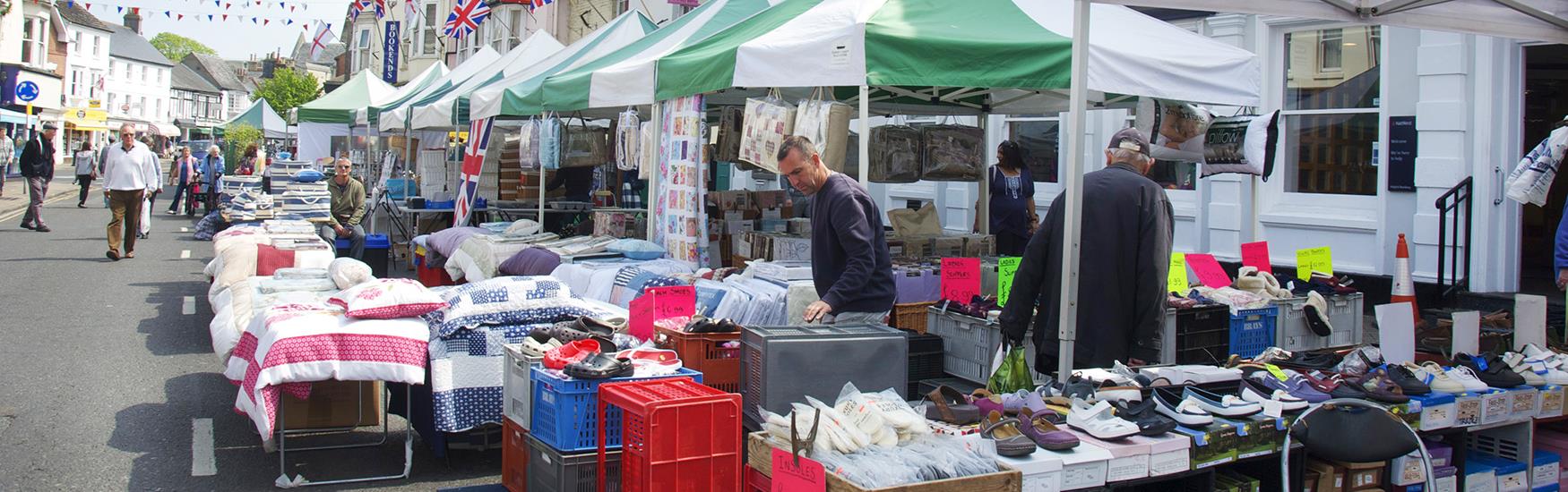 Numerous market stalls set up and ready for customers to come at Christchurch market