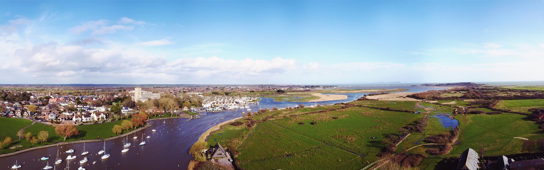 Stunning Christchurch scenery views from above overlooking the river, the grasslands, the ruins and nature reserves
