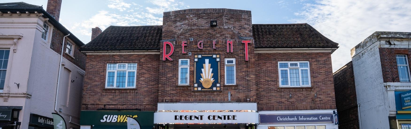 Exterior shot of art deco style Regent Centre building from Christchurch Highstreet