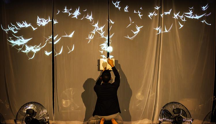 A photo of a stage, with black sheets draped as a backdrop to a projection of white birds and warm yellow light. On the stage is a man with his back t