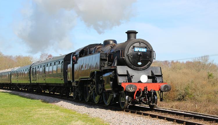 A train with smoke coming out the top with a blue sky