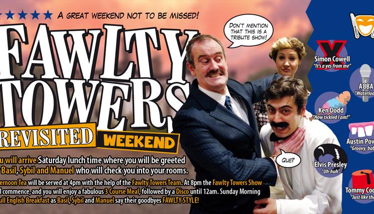 image is of the show poster, Basil Fawlty is fake strangling Manuel both are smiling - just like the original TV series