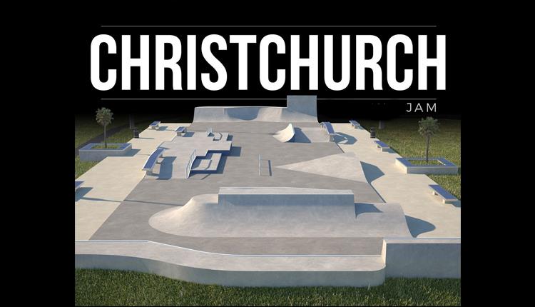 Layout of concrete skate park with grass on a dark background