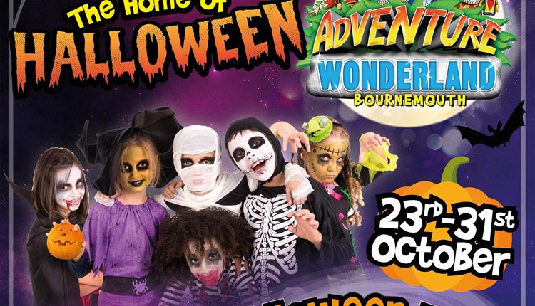 Kids all dressed up with halloween themed background and purple smoke