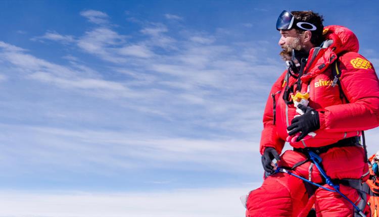 Ant Middleton in a red snow suit