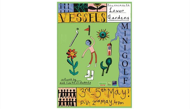 hand drawn flyer for Vessels exhibition minigolf 3rd - 5th May