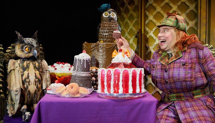 Image of a performer on stage at a set designed table covered in sweets sitting with two owls