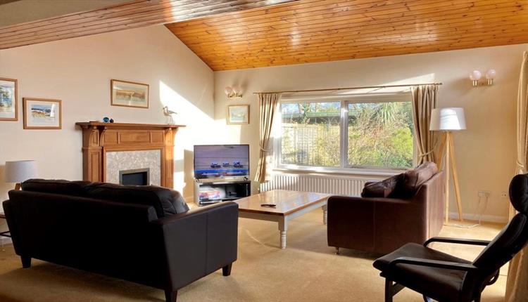 Warm, modern and cosy interior of chalet with wooden details