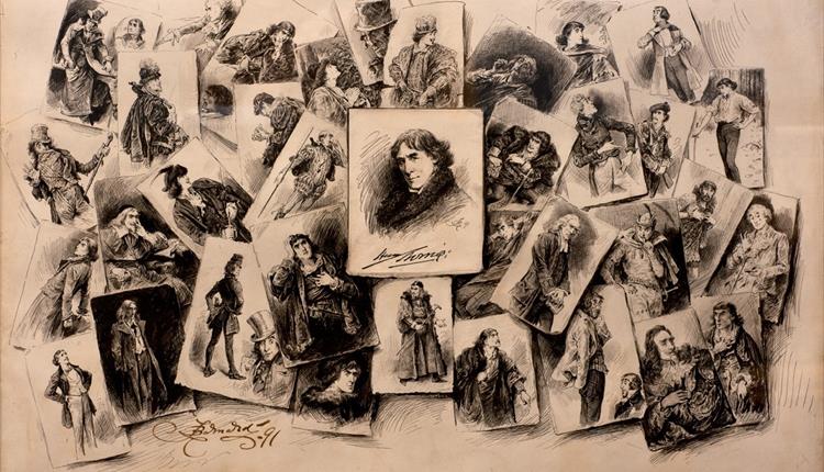 A sepia tinted photo with loads of older drawings of people in black and white