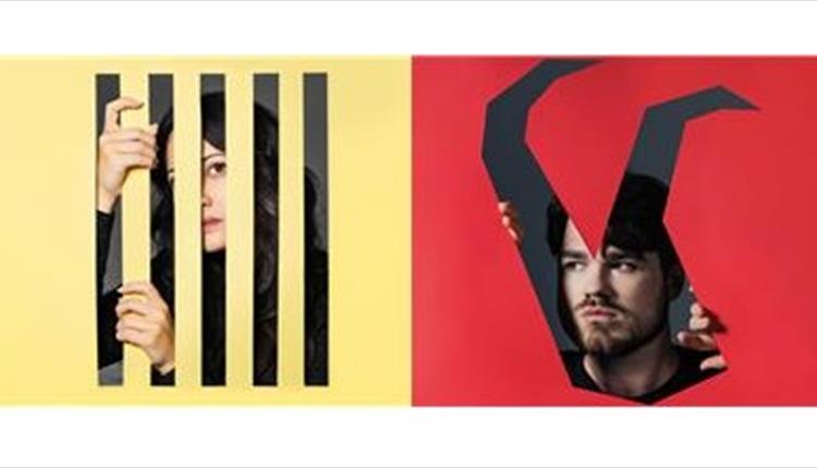 yellow square with a women's face and a red square next to it with a man with horns