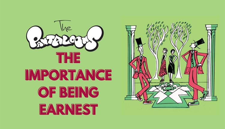 The Importance of Being Earnest promo poster of clipart of two men in top hats and a red suit