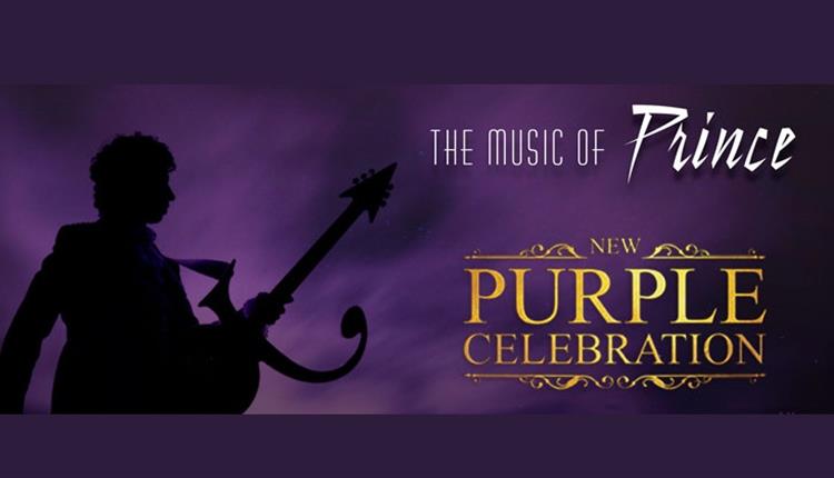purple celebration logo in gold with purple background and silhouette